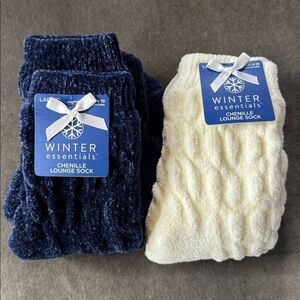 Women’s Winter Essentials Chenille Lounge Socks 1x Navy 1x White Size 4-10 NEW